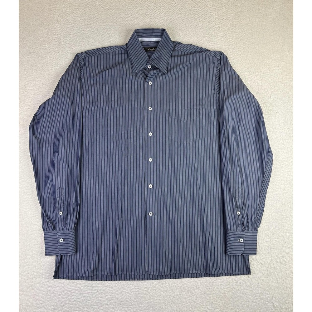 Canali Dress Shirt Mens XL Blue Pinstripe Regular Fit Cotton Made‎ In Italy LS